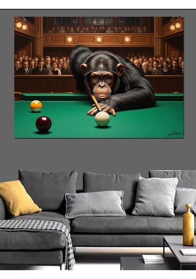 Ahşap Tablo Bilardo Masasında Odaklanmış Maymun Oyuncu