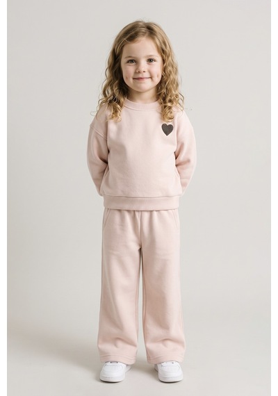 Zuzunga Kalp Nakış 3 İplik Fırçalı Kumaş Sweatshirt Eşofman Alt Üst Takım Pembe