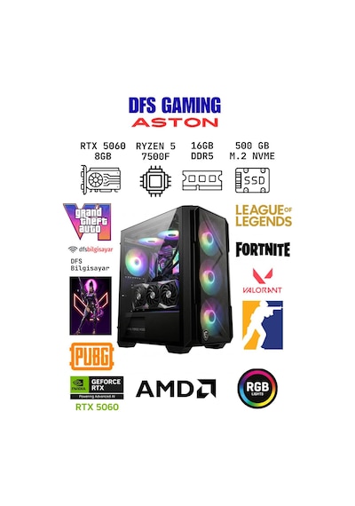 Dfs Gaming Aston R5-7500F 16 GB 512 GB M.2 SSD RTX5060 Free Dos Masaüstü Oyuncu Bilgisayarı