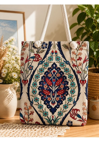 Tuğba Nakış Desenli Bez Çanta Çok Renkli