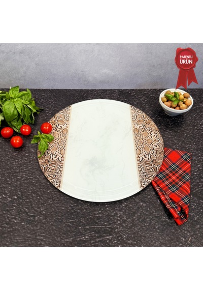 Kanallı Cam Kesme Tahtası - Arabesk Desen - Çap32cm-patentli Ürün