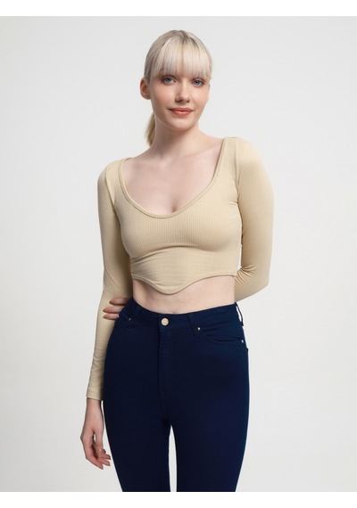 Crop Kadın Tshirt U.kol Bej