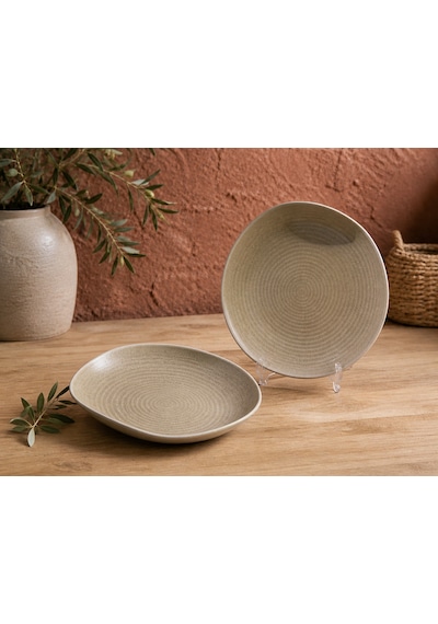 21 Cm Çukur Tabak 2 Li Set Modern Şık Bej Sunum Tabağı, Salata Makarna Servis Kasesi, Organik Doku