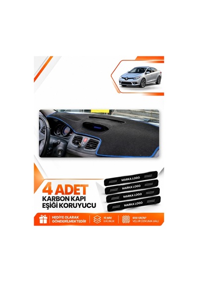 Renault Fluence Küçük Ekranlı 2009-2016 Uyumlu Torpido Koruma Kılıfı Örtüsü - Siyah Mavi
