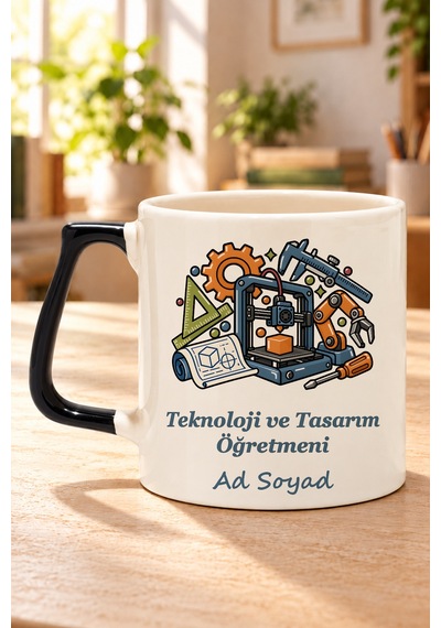 Teknoloji Ve Tasarım Öğretmeni İsimli Baskılı Siyah Kulplu Prime Kupa