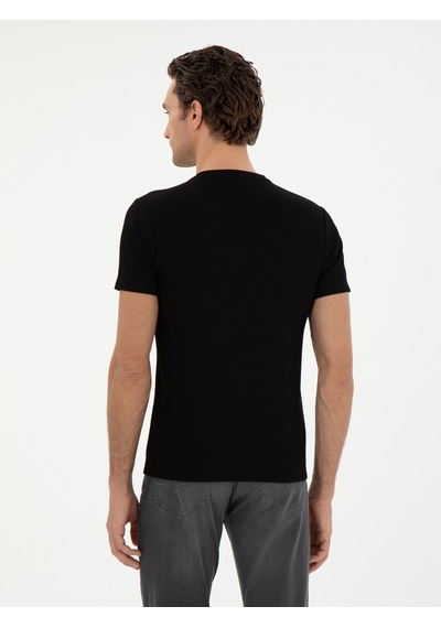 Siyah Slim Fit Çizgi Dokulu Bisiklet Yaka T-shirt