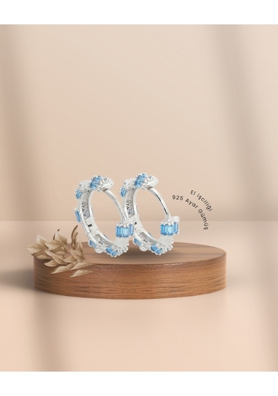 Brezza Lusso Jewelry Aquamarin Baget Taşlı Pırlanta Model Kadın Gümüş Küpe 18 Mm