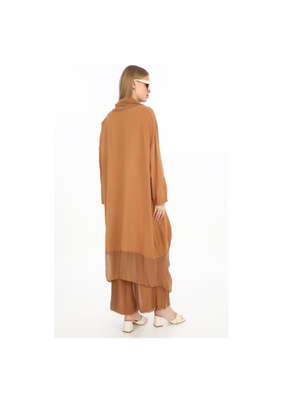 Bohem Stil Italyan Ipek Detaylı Oversize Kap Bluz- Wes Pantolon Takım-8863 Cappuccino