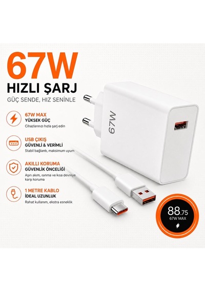 67w Hızlı Şarj Adaptörü Usb Çıkışlı Kablo Dahil Type-c Uyumlu Hızlı Şarj Cihazı Güvenli Şarj Başlığı