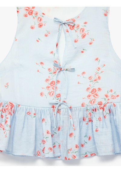 Koton Önden Bağcıklı Fiyonklu Kolsuz Peplum Kesim Çizgili Çiçek Baskılı Şifon Bluz Pembe Desenli 6sak30125ew