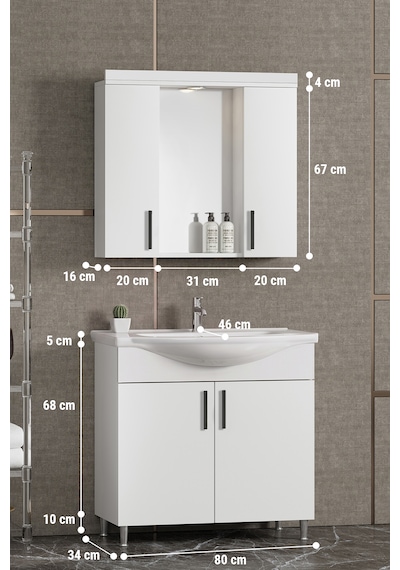 Özceden Leylak 80 Cm Beyaz Mdf Seramik Lavabolu Asma Banyo Alt Dolabı