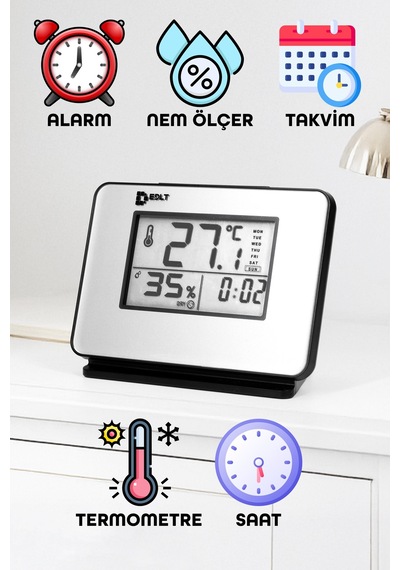 5 Fonksiyonlu Dijital Bebek Nem Ölçer Saat Takvim Alarm Termometre Masa Saati Alarmlı 1601