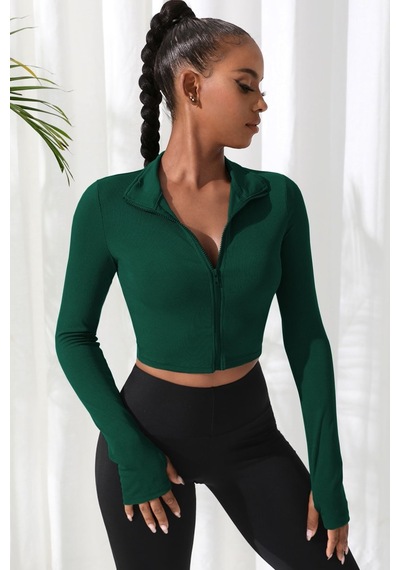 Najmaddin.com Beru Kadın Yeşil Uzun Kol Fermuarlı Parmak Geçme Detaylı Dik Yaka Crop Top Bluz