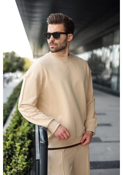 Madmext Bej Bisiklet Yaka Basic Erkek Eşofman Takımı E7323 Bej