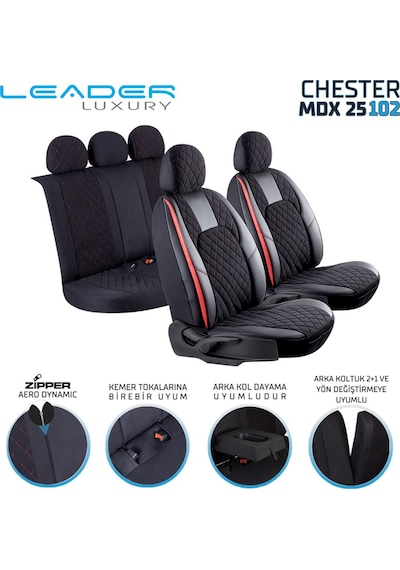 Dacia Sandero Stepway Lüx Yarı Deri Oto Koltuk Kılıfı Ön Arka Takım Chester Siyah Kırmızı