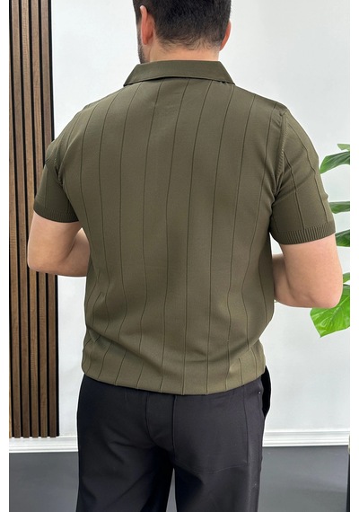 Erkek Slim Fit Fermuarlı Polo Yaka Tişört Haki Edw452 Haki