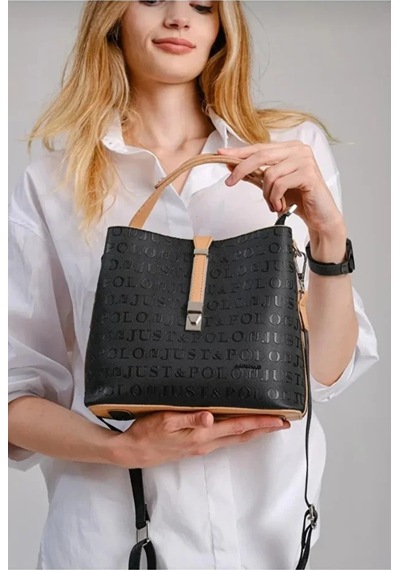 Just Polo Kadın Kabartma Baskılı Lüks El Ve Omuz Çantası Shopper Siyah - Taba
