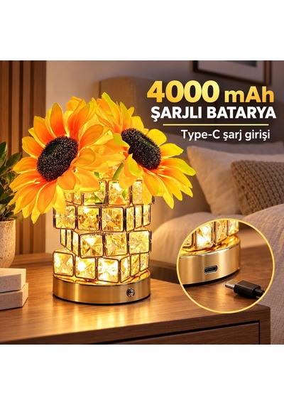 Valkyrie Kristal Cam Ayçiçekli Şarjlı Dekoratif Masa Lambası 4000 Mah Dokunmatik 3 Işık Modlu Sarı