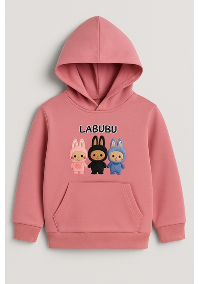 Esila Kids Kız Çocuk Eşofman Takımı Labubu Takım Kapüşonlu Baskılı Sweatshirt Ve Pantolon Gül Kurusu