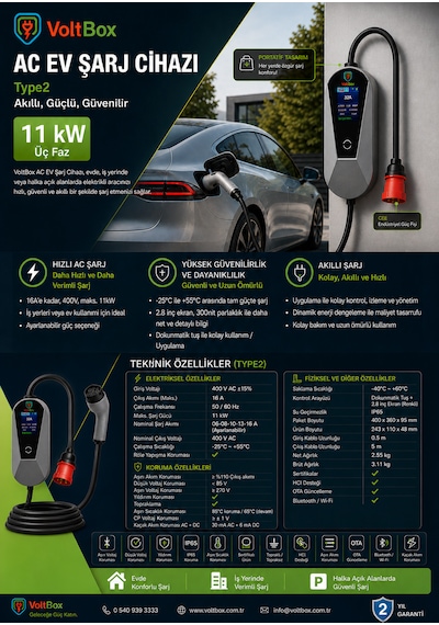 Voltbox Pro11 Taşınabilir Elektrikli Araç Şarj Cihazı 16a/11kw/380v 5 Metre -türkçe Menü 11 Kw