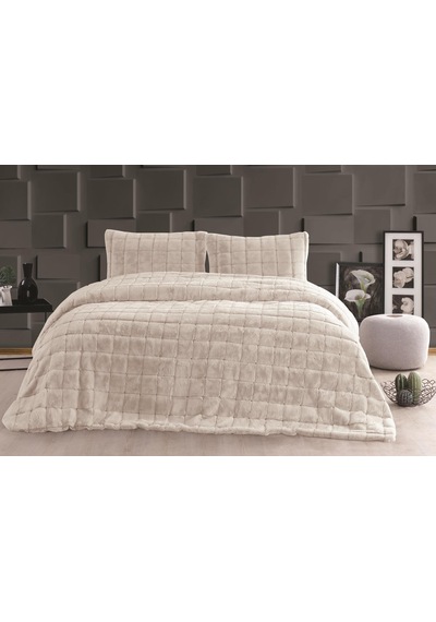 Merinos Luxe 3 Parça Çift Kişilik Yatak Örtüsü Seti Kutulu 230x250 Kareli Bej Bej