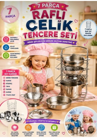 7 Parça Raflı Dayanıklı Paslanmaz Çelik Kolay Temizlenen Gerçekçi Oyuncak Tencere Seti