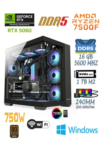 Apphirex Prime 75X Ryzen 5 7500F 16 GB 1 TB SSD RTX5060 W11P Masaüstü Oyuncu Bilgisayarı
