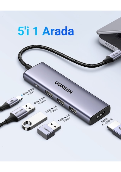 Ugreen Usb-c 4k/60hz Hdmı 3 Usb 3.0 100w Pd Güç Girişi Çoklayıcı Hub Adaptör, 15597