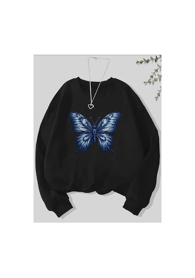 Herkesemoda Kelebek Desen Detaylı Bisiklet Yaka İçi Polarlı Sweatshirt Siyah