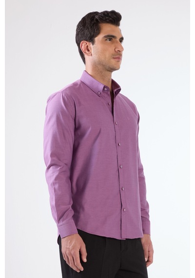 Dufy Koyu Lila Erkek Slim Fit Düz Brent Düğmeli Yaka Uzun Kol Gömlek - 102469 Koyu Lila