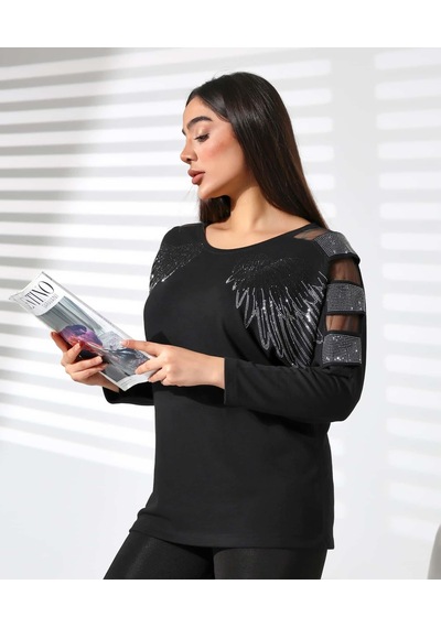 Elaxi Taşlı Tül Detaylı Bisiklet Yaka Bluz Siyah
