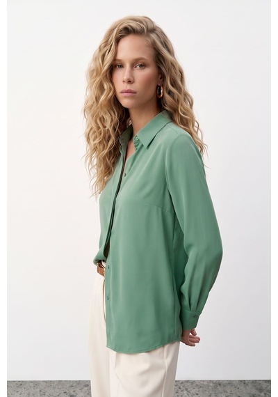 Sateen Klasik Düz Gömlek - Çağla Yeşili-124204