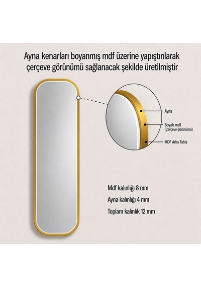 Modern Oval Boy Aynası 40x120 Cm Yuvarlak Hatlı Minimalist Dekoratif Duvar Aynası 2026 Trend Altın