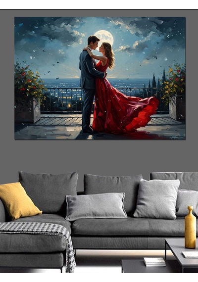 Ay Işığında Balkonda Romantik Çift Dekoratif Kanvas - Mdf Ahşap Tablo