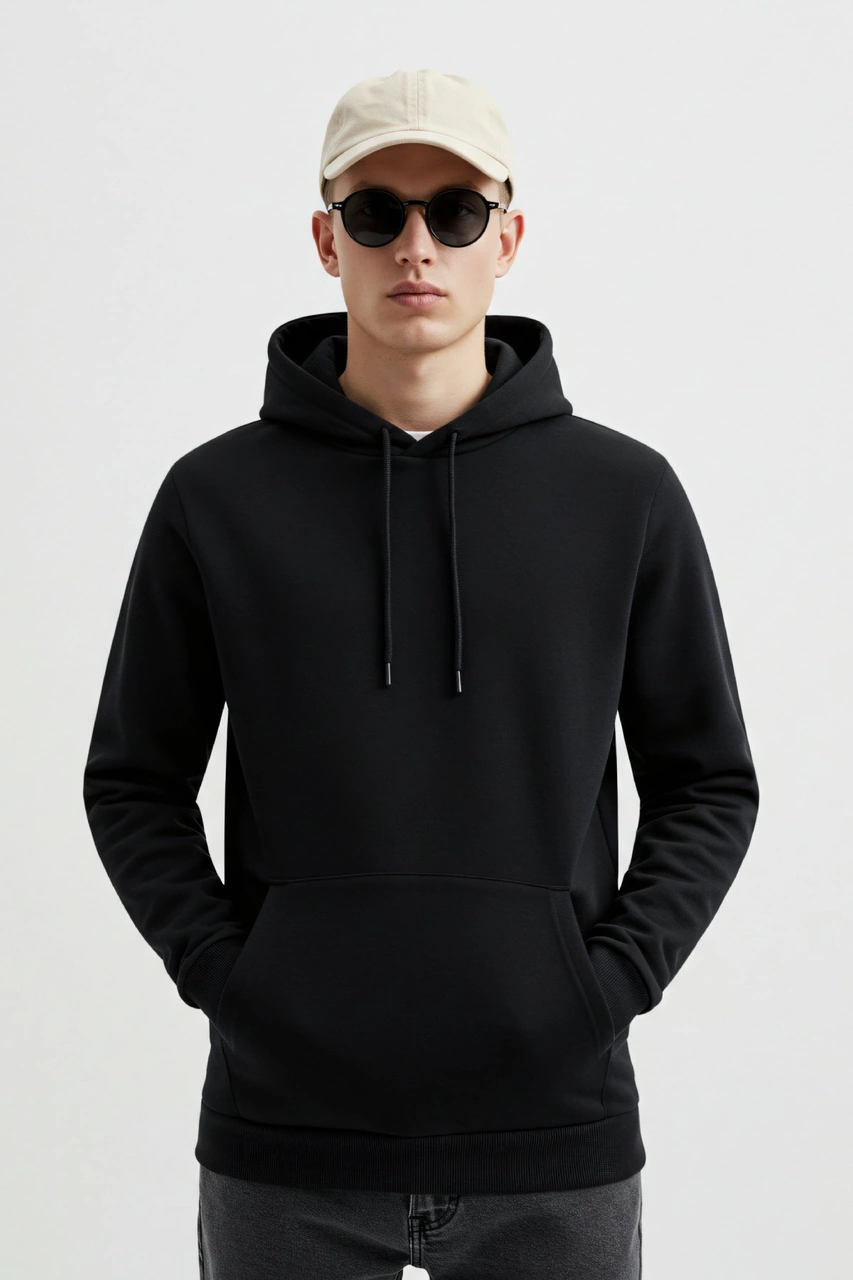 Erkek Oversize %100 Pamuk Yüksek Kalite Erkek Kapüşonlu Sweatshirt Siyah