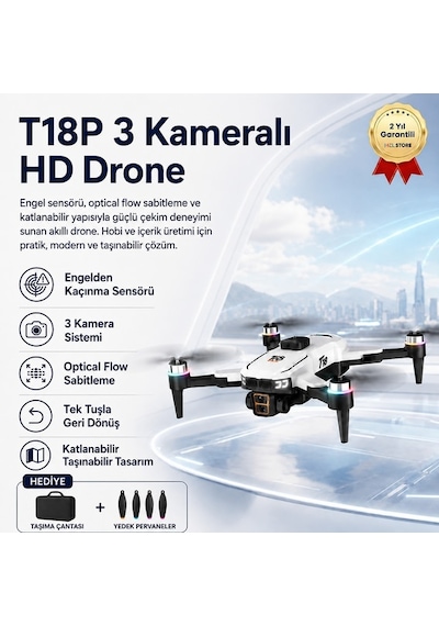 T18p 3 Kameralı 4k Hd Drone, Engel Sensörlü Katlanabilir Akıllı Drone, Optical Flow-1613