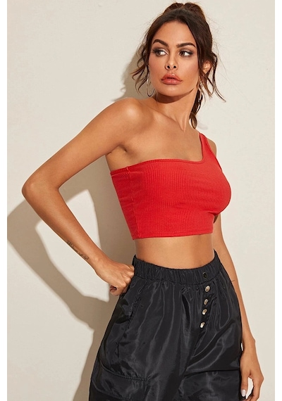 Moon Wear Kadın Kırmızı Tek Omuz Crop Büstiyer Kırmızı