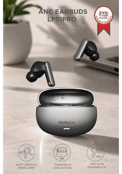 Lenovo Thinkplus Bluetooth Kulaklık Akıllı Anc Tws 5.4 Kablosuz Kulaklık Lp51 Pro Gri