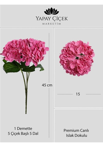 Fuşya Yapay Ortanca Çiçeği 5 Dallı Premium Canlı Islak Dokulu 42 Cm