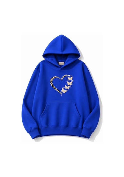 Herkesemoda Leopar Efektli Kalp Baskılı Kapüşonlu 2 İplik Şardonlu Sweatshirt Mavi