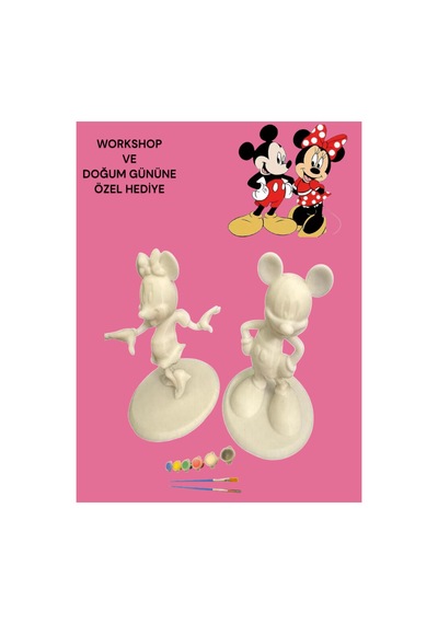3d Minnie Ve Mickey 2 Li Figür Boyama Seti - Kendin Boya Hobi Ve Etkinlik Seti - Akrilik Boya + 4 Fırça
