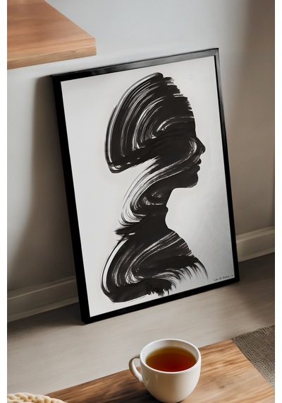 Ink Whisper Siyah Ahşap Çerçeveli Poster, Dekoratif Soyut Monokrom Duvar Tablosu