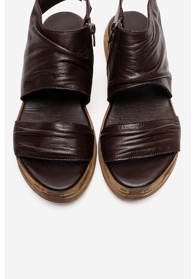 Luvishoes Lunas Kahverengi Hakiki Deri Yandan Fermuarlı Kadın Sandalet Kahverengi
