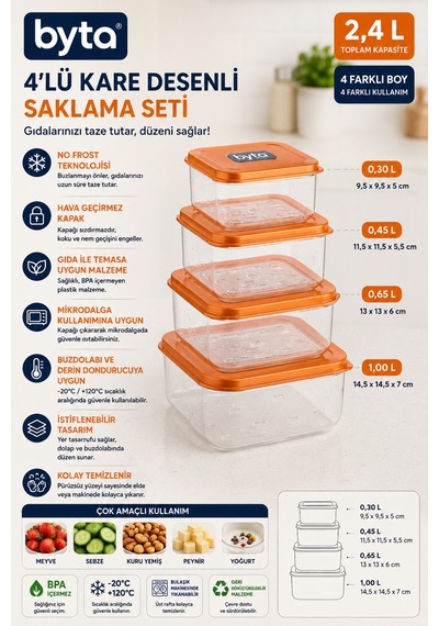 4'lü Kare Gıda Saklama Kabı Seti Toplam 2,4 L Kapaklı Şeffaf Plastik Saklama Kabı Mor Mavi Pembe Siyah Turuncu 1 Adet Karışık Renk Gönderilir Şeffaf