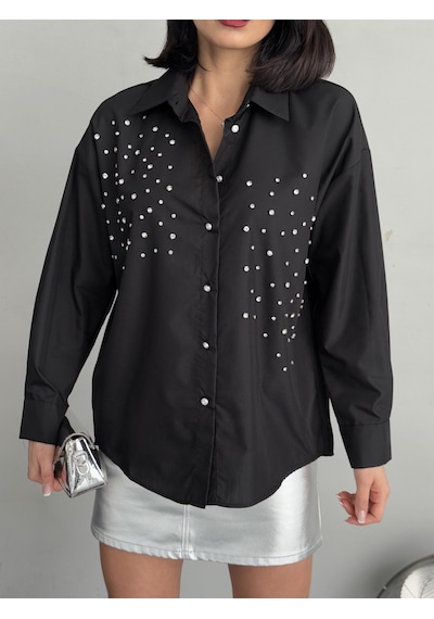 Loısy Kadın Taşlı Premium Kalite Uzun Kollu Oversize Gömlek Siyah