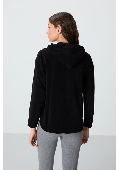 Tommy Life Siyah Kalın Yumuşak Dokulu Kapüşonlu Oversize Nakışlı Polar Kadın Sweatshirt -97286 Siyah