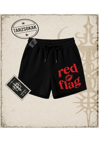Tarzsokak Gotik & Grunge Streetwear Red Lıps Flag Unisex Şort Siyah