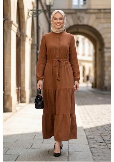 Hb Harma Time Butik Kadın Düğmeli Bağcıklı Taba Tesettür Keten Elbise