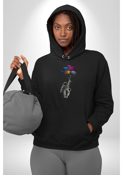Gezegenler Balon Astronot Yükselişi Kadın Erkek Siyah Kapüşonlu Sweatshirt Hoodie Siyah