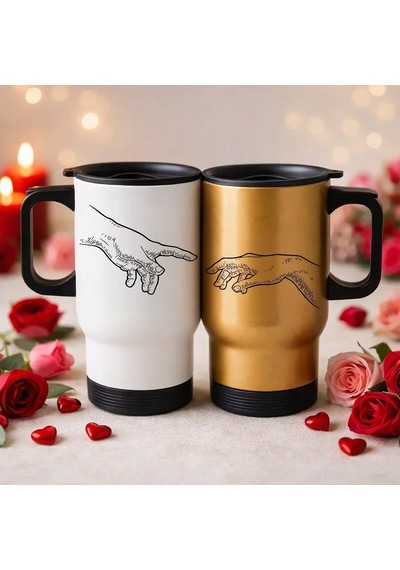 Bk Gift Sevgili Çift Tasarımlı 2li Kulplu Beyaz&gold Çelik Termos Mug 450 Ml -35, Sevgiliye Hediye, Sevgililer Günü Hediyesi Kobitmeyencom36236 Bk Gif